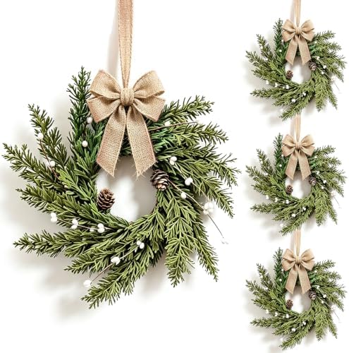 4 Pcs Mini Christmas Hanging Wreaths Artificial Cedar Cypress Pine Greenery with Pine Cones & White Berries Small Rustic Farmhouse Wreath for Cabinets Front Door Porch Window Wall Holiday Winter Decor by Unknown