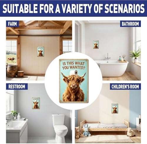 Vintage Funny Highland Cow with Toilet Roll Graphic,Durable Rustproof Aluminum Sign, Country Style Wall Ornament for Lavatory Cabin, Whimsical Bathroom Decor Gift Plaque 8x12 Inch - Image 5