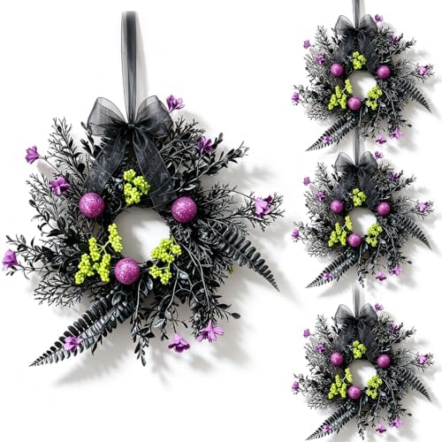 4 Pcs Small Halloween Hanging Wreaths with Black Fern Foliage Purple Glitter Balls Lime Green Berry Clusters Purple Flowers Black Sheer Bow Gothic Mini Cabinet Wreath for Home Kitchen Halloween Party by Unknown