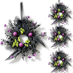 4 Pcs Small Halloween Hanging Wreaths with Black Fern Foliage Purple Glitter Balls Lime Green Berry Clusters Purple Flowers Black Sheer Bow Gothic Mini Cabinet Wreath for Home Kitchen Halloween Party by Unknown