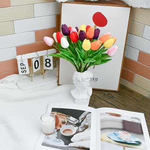 ONLY ART Artificial Multicolor Tulips 20 Pcs – 13.5 Inch PU Faux Flowers with Bendable Stems for Home Décor, Wedding Centerpieces, DIY Floral Arrangements, New Year and Valentine's Day - Image 6