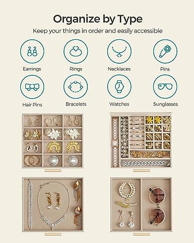SONGMICS Jewelry Box Organizer, 4-Layer Storage with 3 Drawers, Glass Lid - Image 3