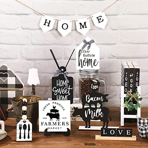 Fairysandy 11 Pcs Home Tiered Tray Decor Black White Rustic Wooden Signs - Image 2
