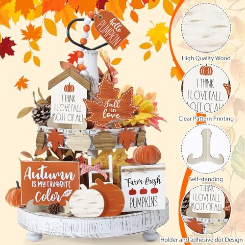 Reallnaive 18 Pcs Fall Tiered Tray Decor, Classic Vintage Pumpkin Signs - Image 4