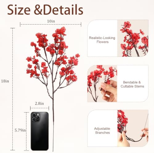 Uieke 6 Pcs Babys Breath Artificial Flowers Bulk Silk Red Faux Flowers Real Touch Gypsophila Bouquet for Christmas Halloween Home Wedding Decoration - Image 3