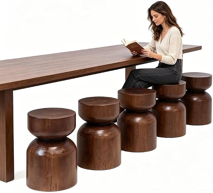 Solid Wood Stool & Sofa Side Table, Rustic Hourglass Wabi-Sabi Accent Coffee - Image 7