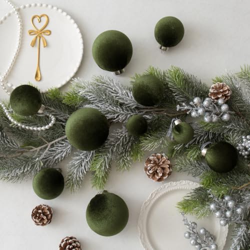 Velvet Christmas Ball Ornaments - 30pcs Flocked Christmas Ornaments Set Shatterproof Classic Hanging Xmas Tree Decorations with Rope for Wreath Holiday Home Decor (Dark Green) - Image 3