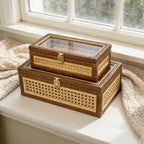 Set of 2 Stackable Rattan and Cane Display Boxes with Glass Lid,Brown - Image 7