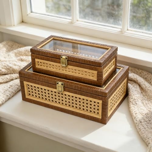 Set of 2 Stackable Rattan and Cane Display Boxes with Glass Lid,Brown - Image 7