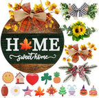 Interchangeable Welcome Sign for Front Door with 4 Seasonal Wreath and 14 Changeable Icons, Home Sweet Home for Spring Summer Fall Winter All Seasons Holiday, Rustic Round Wood Wreath Door Decoration by HOME