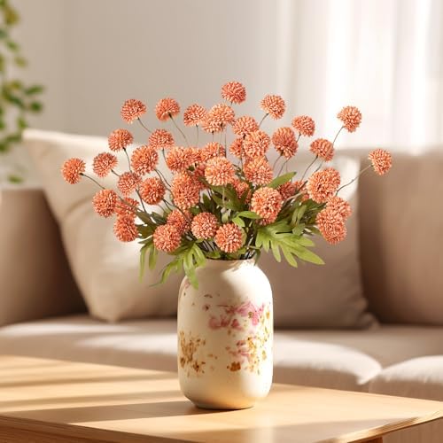 10Pcs 20.5" Artificial Pompon Mum Silk Flower Stems, Fake Chrysanthemum Ball Faux Flowers for Vase, Fall Floral Stems for Indoor Home Decor Wedding Centerpieces, Rose Red (No Vase) - Image 2