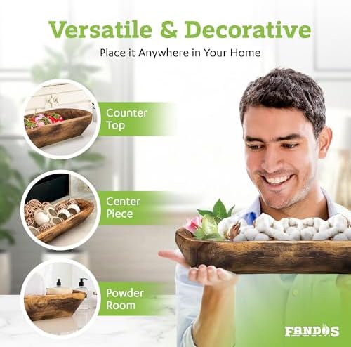 FANDOS Wooden Dough Bowl for Decor - 17¾ in Long Hand Carved Paulownia, Large Rustic Decorative Bowl for Home Table Centerpiece, Keys, Entryway Table, Catchall Tray & Wooden Dining Room Centerpiece - Image 5