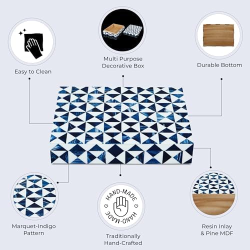 Handicrafts Home Blue and White Decorative Storage Box with Lid – Slim Rectangular Storage Box, Handmade Resin Inlay Wooden Box, Remote Holder, Desk Organizer, Decorative Keepsake & Jewelry- 6x8x1.5 - Image 3