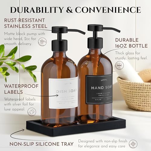 Glass Soap Dispenser Set of 2 (Amber) with Silicone Tray | Hand and Dish Soap Dispenser for Kitchen and Bathroom | 16.8 Oz Glass Bottles with Stainless Steel Pump & 15 Waterproof Labels (Amber/Black) - Image 6