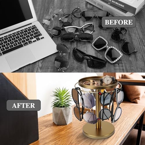 kondyfayo 360° Rotating Sunglass Organizer Storage, Stainless Steel Glasses Holder Stand, Glasses Organizer with Tray for Desk, Dresser, Tabletop, Nightstand and Home Decor (Gold) - Image 2
