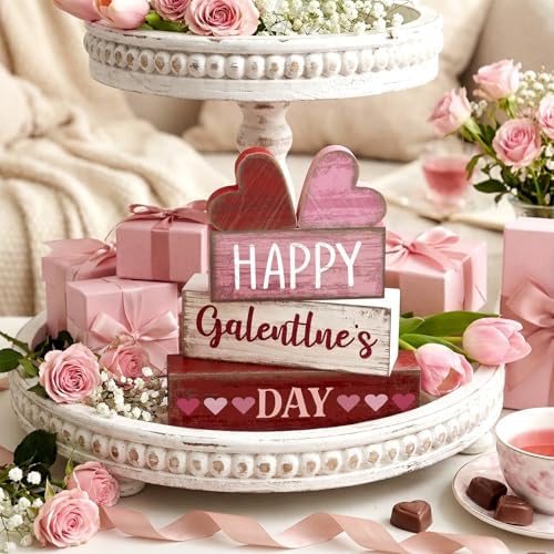 Yuntau 5 Pcs Happy Galentines Day Decorations Wood Block Tiered Tray Decor - Image 5
