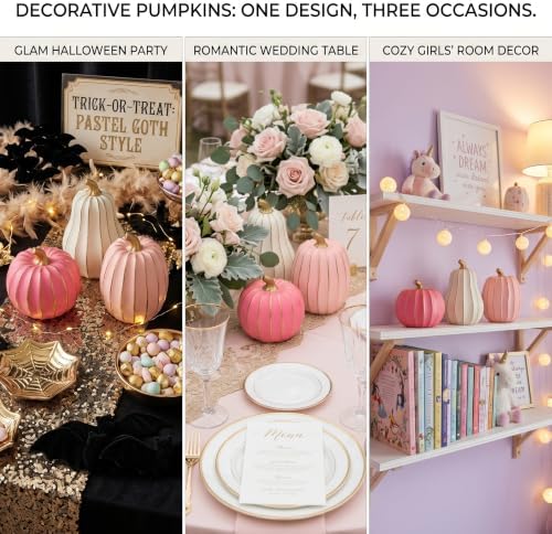 White Pink and Gold Pumpkin Decor, 3Pcs Resin Pumpkin Figurines Fall Decor - Image 5