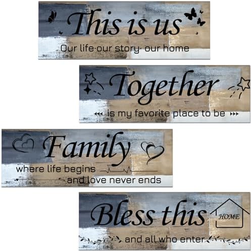 Lnond 4 Pieces Blue and Brown Abstract Living Room Wall Decor, Motivational Home Family Rustic Wall Art Decor for Bedroom Living Room, Rustic Wooden Farmhouse Home Decor, 12 x 4 Inch by Lnond
