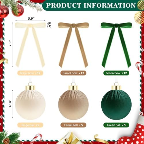 51 Pcs Christmas Velvet Ornaments 15 Pcs Christmas Tree Decor Balls 3.14" 36 Pcs Velvet Vintage Ribbon Bows 5/8" Wide 6 * 8" for Xmas Tree Hanging Decorations Home Indoor Decor (Three Colors) - Image 2