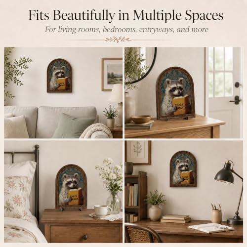 Wooden Tabletop Sign Funny Raccoon Decor for Bookshelf Desk Shelf, Arched Wood Frame Vintage Reading Animal Art, Rustic Home Office Display Accent for Animal Lovers - Image 3