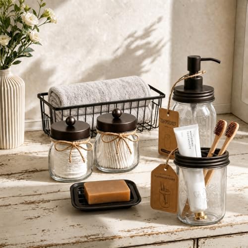 SheeChung Mason Jar Bathroom Accessories Set,6Pcs Rustic Bathroom Set,Brown - Image 4