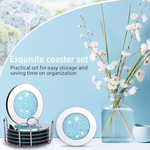 Jetec 6 Pcs Mirrored Glass Coasters with Holder, Bling, Navy Blue, 4 Inch - Image 6