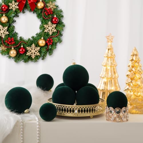 46Pcs Velvet Christmas Ball Ornaments Set - Flocked Shatterproof Christmas Tree Decorations Classic Hanging Ornaments with Rope for Xmas Wreath Holiday Home Decor (Multi-Size, Dark Green) - Image 4