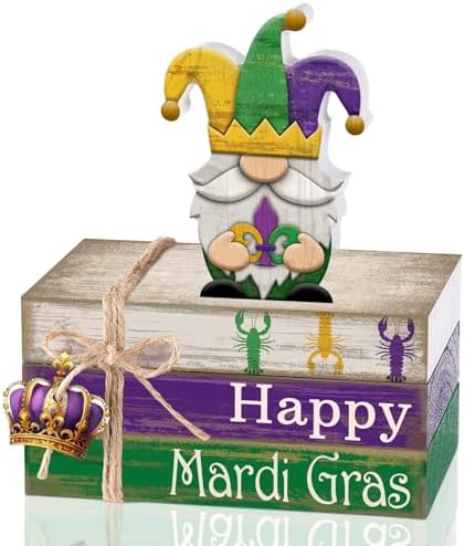 4 Pcs Mardi Gras Decorations Wooden Mardi Gras Table Centerpiece Crawfish Gnome Carnival Tiered Tray Decorations Mini Wooden Faux Books Stack Signs for Masquerade Office Tabletop Bookshelf by Anglechic