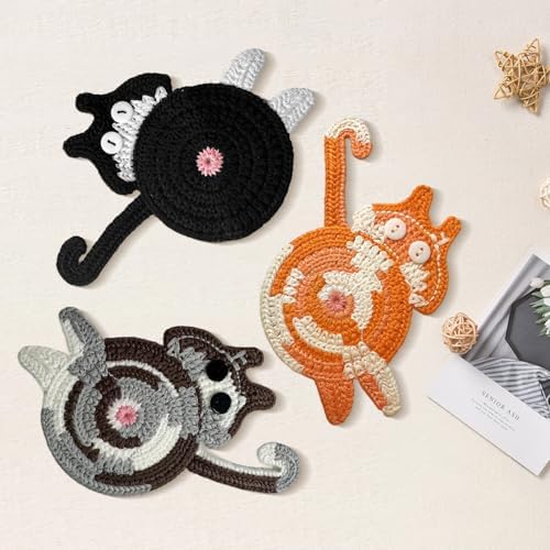 Drink Coaster, Woven Creative Coasters for Cat Lovers, Gag Gifts Cat Coffee Coaster for Desk Accessories Home Decor Tabletop Protection(Gray) - Image 6