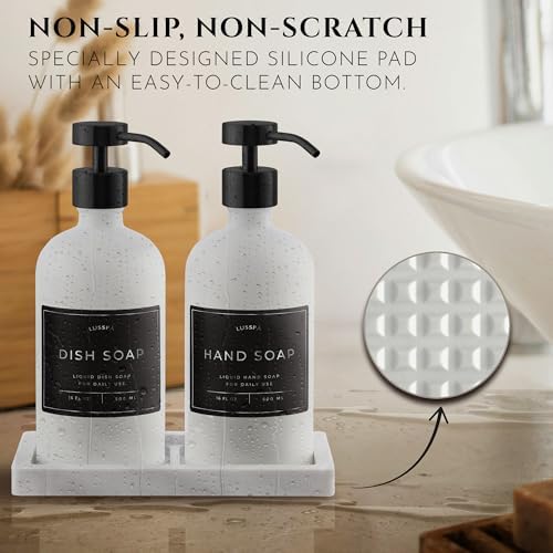 Glass Soap Dispenser Set of 2 (White) with Silicone Tray | Hand and Dish Soap Dispenser for Kitchen and Bathroom | 16.8 Oz Glass Bottles with Stainless Steel Pump & 15 Waterproof Labels (White/Black) - Image 3