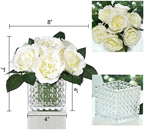 Artificial Peony Silk Flower Centerpieces Faux Floral Arrangement in Glass Vase for Home Wedding Table Decoration (Cream) - Image 2