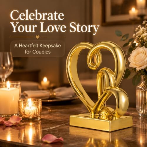 Anniversary Wedding Couples Gift Gold Hearts Resin Statue Decor - Image 7