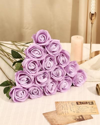 Coferset 50pcs Velvet Artificial Roses Flowers in Bulk,Lavender Purple - Image 5
