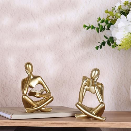 2-Piece Gold Resin Seated Reading Figurines with Books, Bookshelf Decor - Image 2