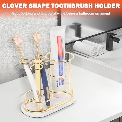 Toothbrush Holder Stand for Bathroom, Metal Toothbrush Organizer with Marble Base, Toothbrush Storage Collection for Family, Suitable for Home Hotel Countertop Vanity (Medium, Gold) - Image 3