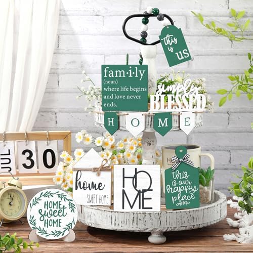 FairySandy 11 Pcs Home Tiered Tray Decor Green Rustic Wooden Signs - Image 5