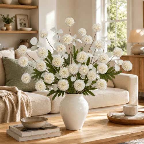 24Pcs White Faux Silk Mums Artificial Flowers Bulk with Eucalyptus Stems - Image 6