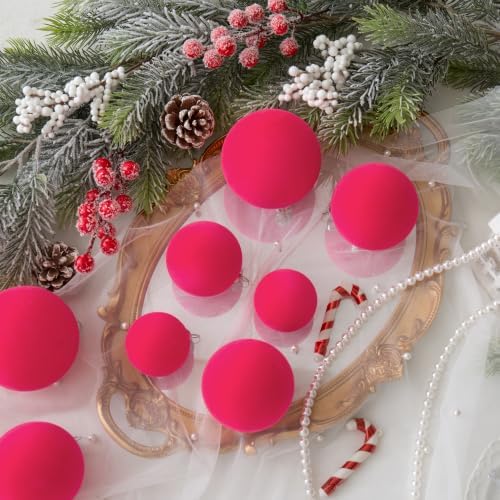 46Pcs Velvet Christmas Ball Ornaments Set - Flocked Shatterproof Christmas Tree Decorations Classic Hanging Ornaments with Rope for Xmas Wreath Holiday Home Decor (Multi-Size, Fuchsia Pink) - Image 3