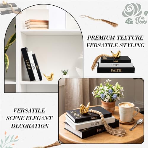 Faccito Set of 3 Linen Decorative Books Set Includes Gold Bird and Wooden Beaded Tassel Elegant Aesthetic Fake Books for Coffee Table Shelf Mantel Storage Boxes for Home Decor(Classic Colors) - Image 5