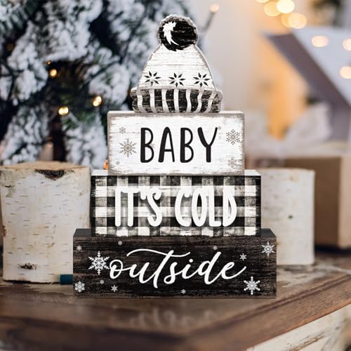 Marsui 4 Pcs Winter Wooden Hat Block Sign Farmhouse Table Decor Rustic - Image 5