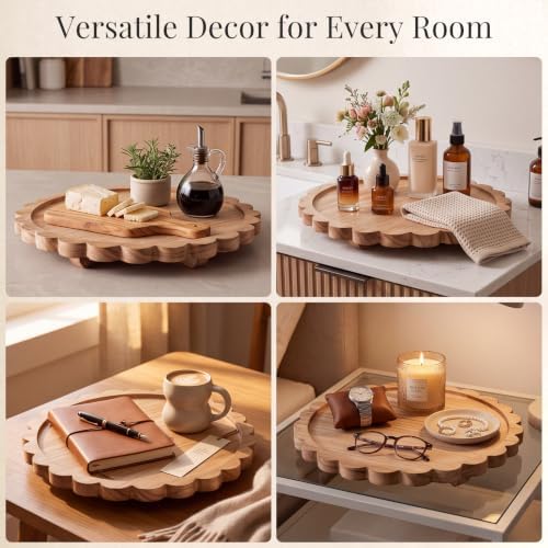 12 Inch Round Decorative Tray, Natural Paulownia Wood Scalloped Riser Tray - Image 6