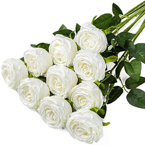 Coferset 10 Pcs Fake Silk Roses with Long Stems,White by Coferset