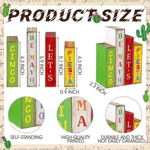 Lineshading 4 Pcs Cinco De Mayotable Decor Wooden Books Stack Mexican Sign - Image 3