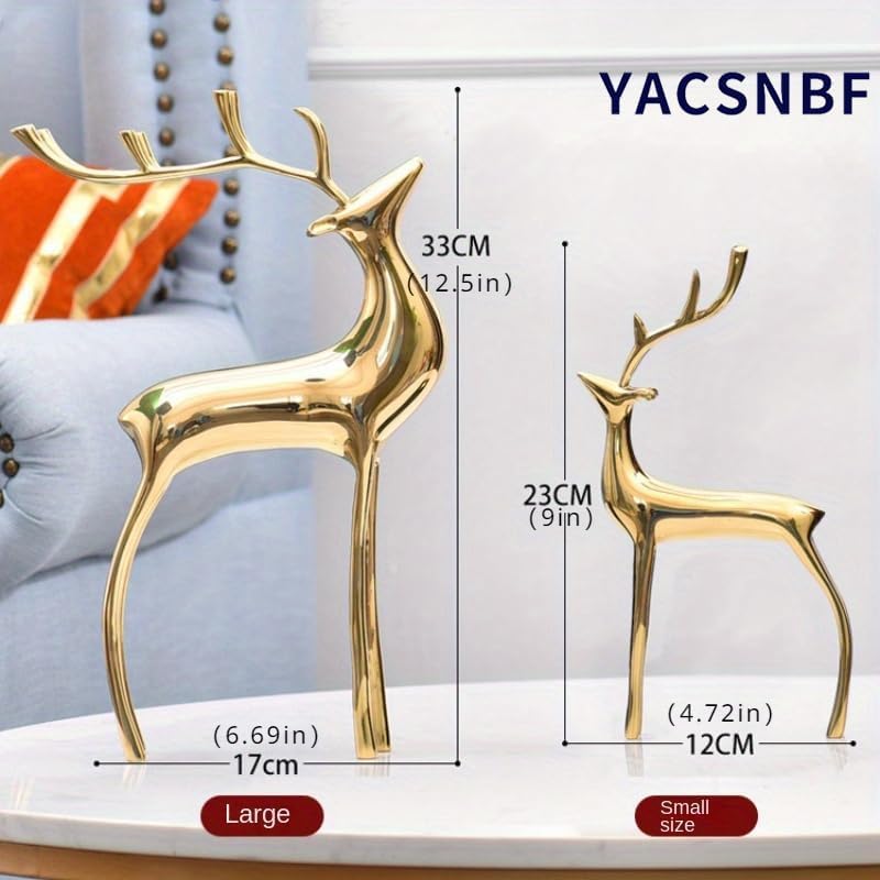 Reindeer Figurine Statues Deluxe Set of 2, Christmas Deer Pure Copper Heavy Reindeer Ornaments for Home Decor Accents Living Room Office Bookself Tabletop Mantle Christmas Decoration, Gold - Image 3