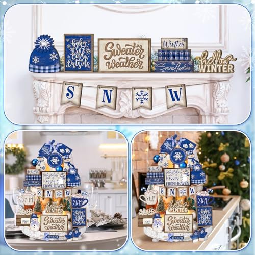 CroBlissful 23 Pcs Christmas Tiered Tray Decor Set, Blue, Snow - Image 6