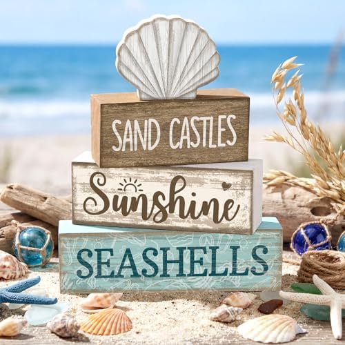 Yuntau 4 Pcs Summer Decorations for Home Beach Block Sign Seashell Display - Image 5