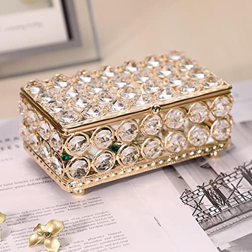 ELLDOO Crystal Jewelry Box Rectangle Trinket Organizer Earrings Rings Box Treasure Box Home Decor Accent Decorative Box with Lid for Valentine Wedding Christmas Birthday Gift, Gold, Small - Image 3