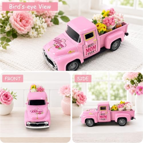 Pink Vintage Truck Decor for Mom with Flower Bouquets, Best Mom Ever Metal Pickup Tabletop Decoration, for Mom, Birthday Gift for Mother, Farmhouse Spring Home Decor - Image 5