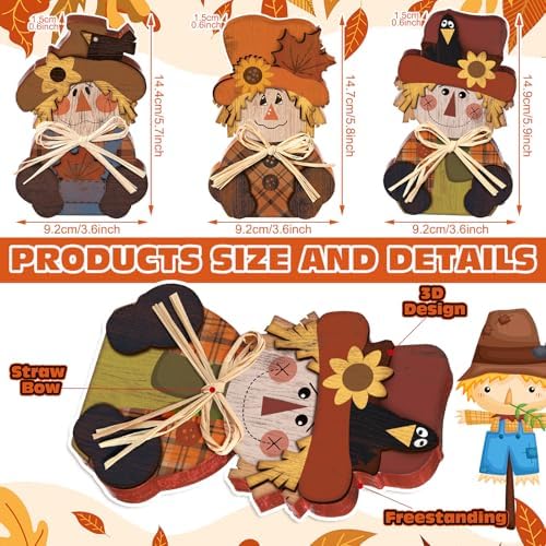 Ferraycle 3 Pcs Fall Scarecrow Decor Wooden Block Sign Table Centerpieces - Image 2
