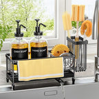 Kitchen Soap Dispenser Set with Sponge Holder and Towel Rack, 17OZ Glass Bottle, Hand and Dish Soap Dispenser Set, Non-Slip Silicone Pad, Brush Holder, Sink Organizer Countertop (Transparent) by Unknown